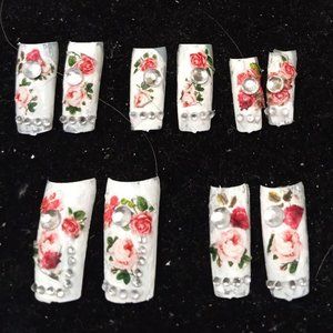 Custom WEDDING Gel Nails Handmade 10 pc set LONG full bling Rhinestone w Roses